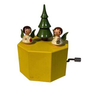 Vintage Wooden Music Box Angels & Tree Hand Cranked Yellow Hexagonal Christmas